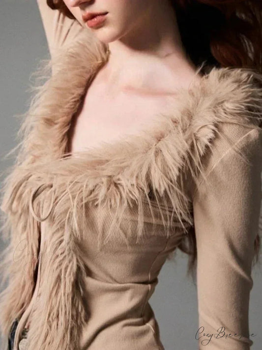 Bandage Fur Patchwork V-Neck Cardigan Khaki / XS cardigans-241228