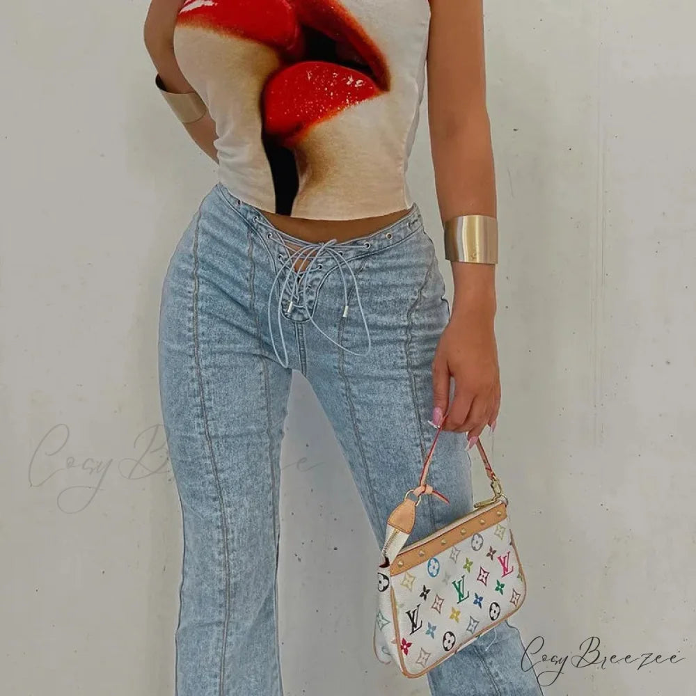 Bandage Skinny Flared High Waist Open Split Vintage Bottoms 2024 Autumn Fashion Y2K Streetwear Jean