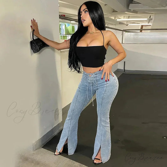 Bandage Skinny Flared High Waist Open Split Vintage Bottoms 2024 Autumn Fashion Y2K Streetwear Jean Blue / S