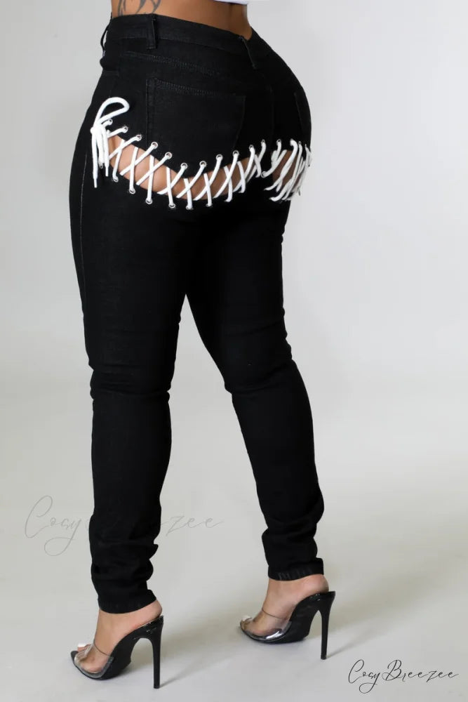 Bandage Skinny Ripped Jeans Back for Elastic Strap Women Black / S