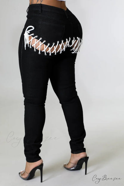 Bandage Skinny Ripped Jeans Back for Elastic Strap Women Black / S