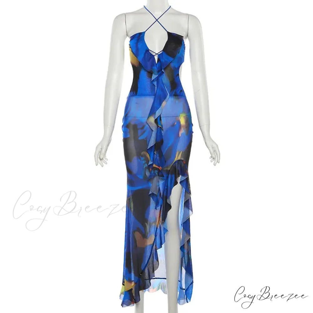 Bandage Slit Ruffle Plunge V-Neck Elegant for Women’s Club Party Print SunSummer Midi Dress