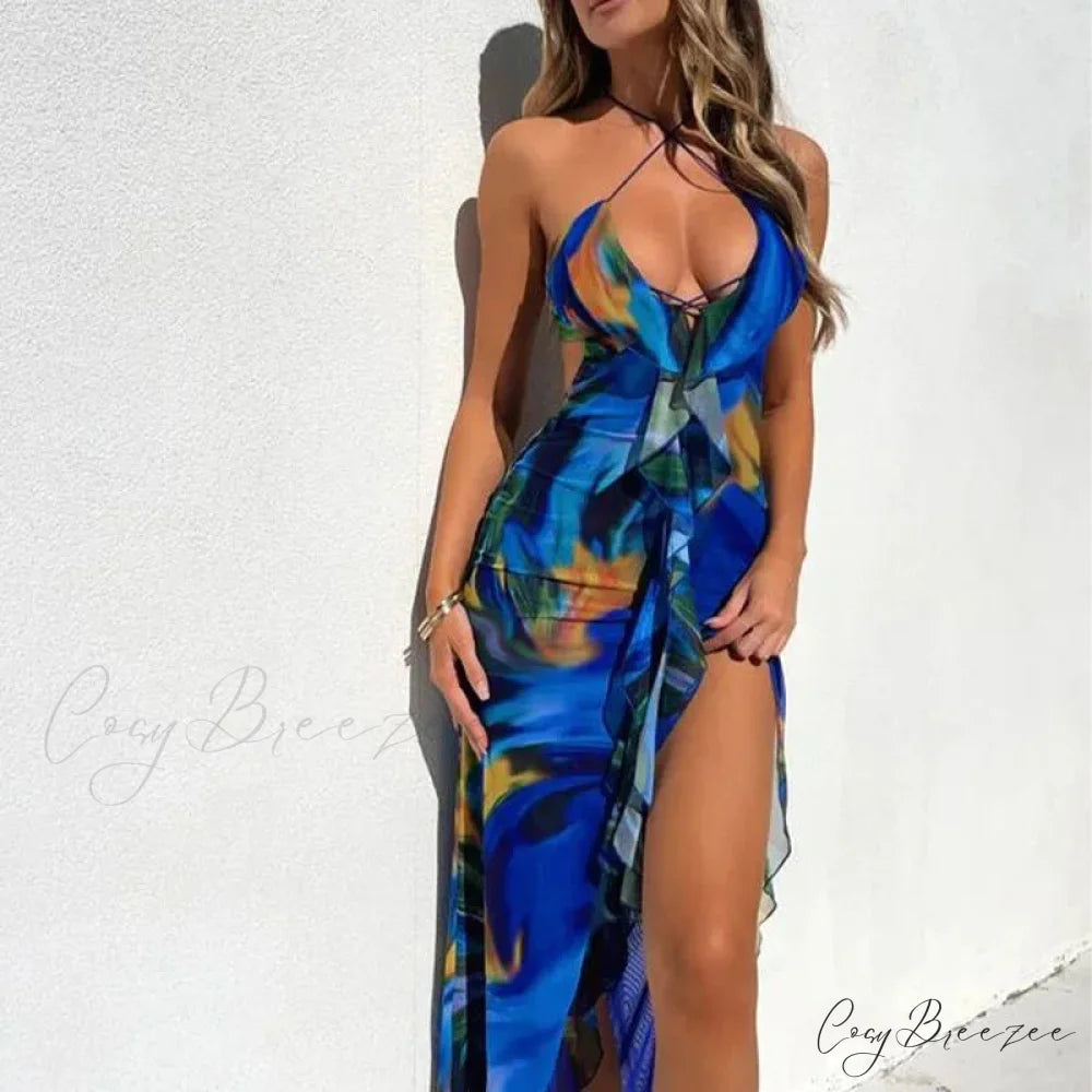 Bandage Slit Ruffle Plunge V-Neck Elegant for Women’s Club Party Print SunSummer Midi Dress Blue / S