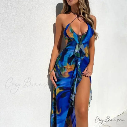 Bandage Slit Ruffle Plunge V-Neck Elegant for Women’s Club Party Print SunSummer Midi Dress Blue / S