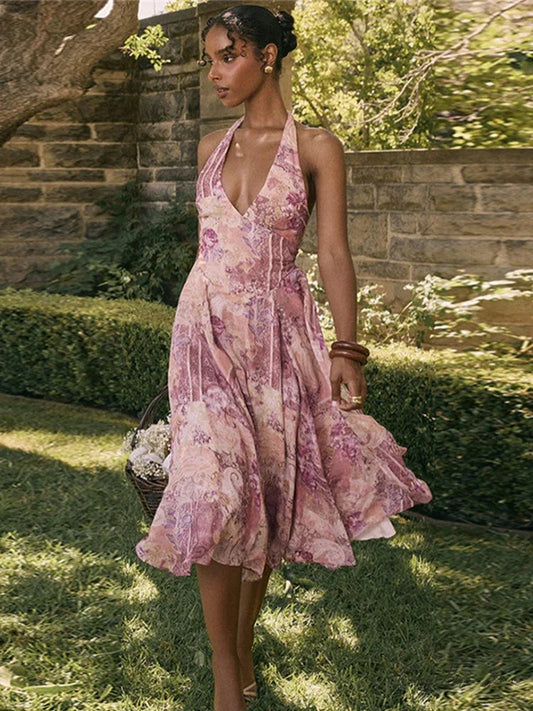 Bandage Waist-Tie A-line Holiday Dress Pink / S vacationdress-250223