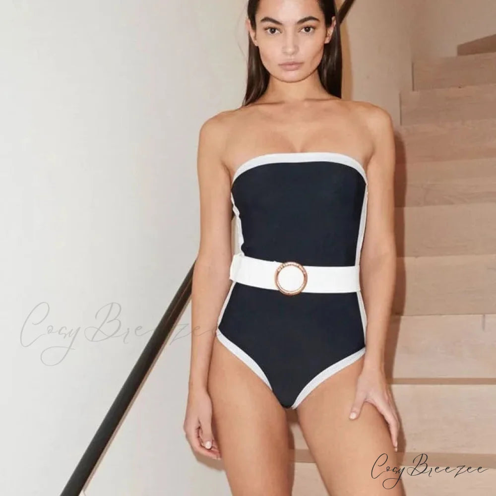 Bandeau Color Block Dots Designer Swimsuit Black / S onepiece-250223