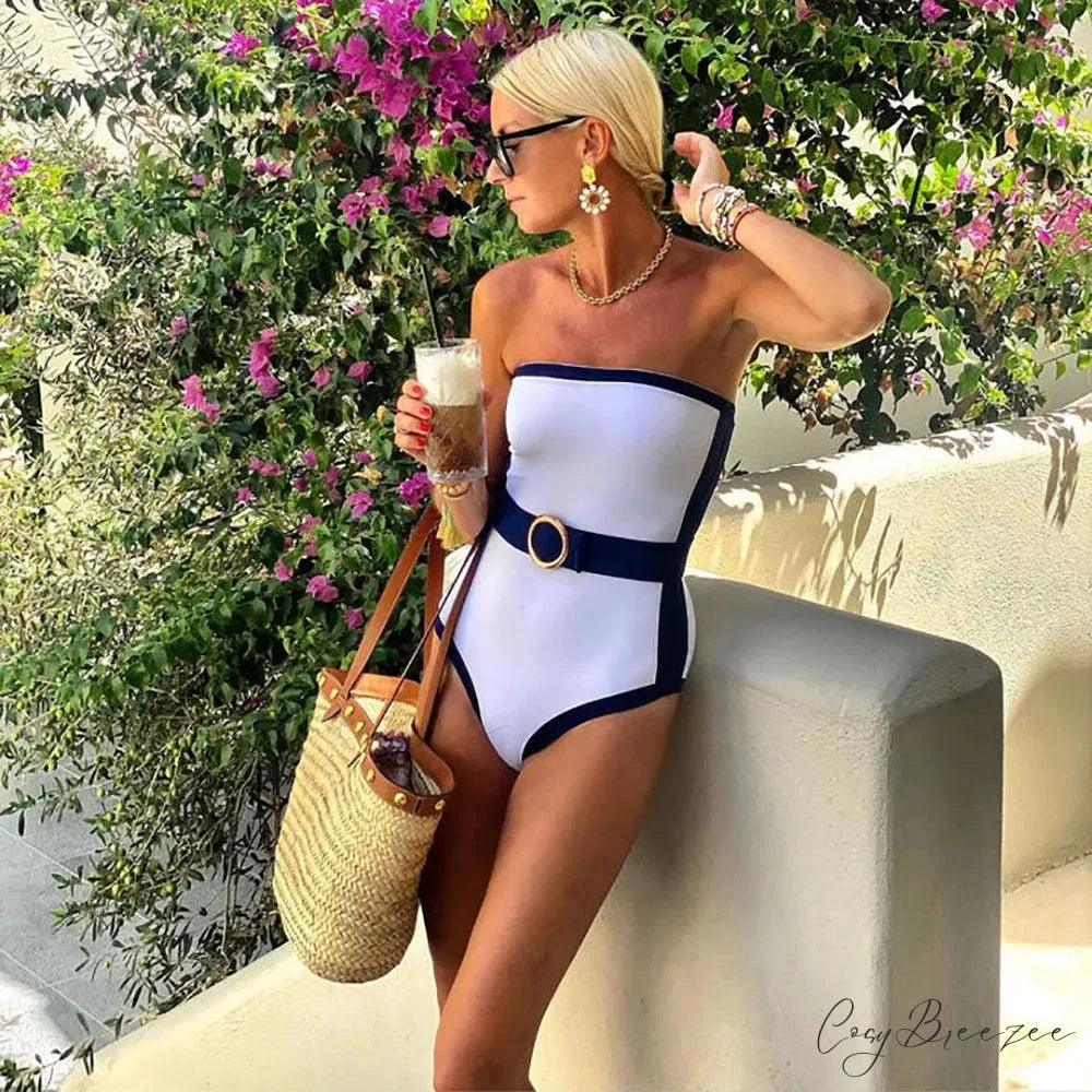 Bandeau Color Block Dots Designer Swimsuit onepiece-250223