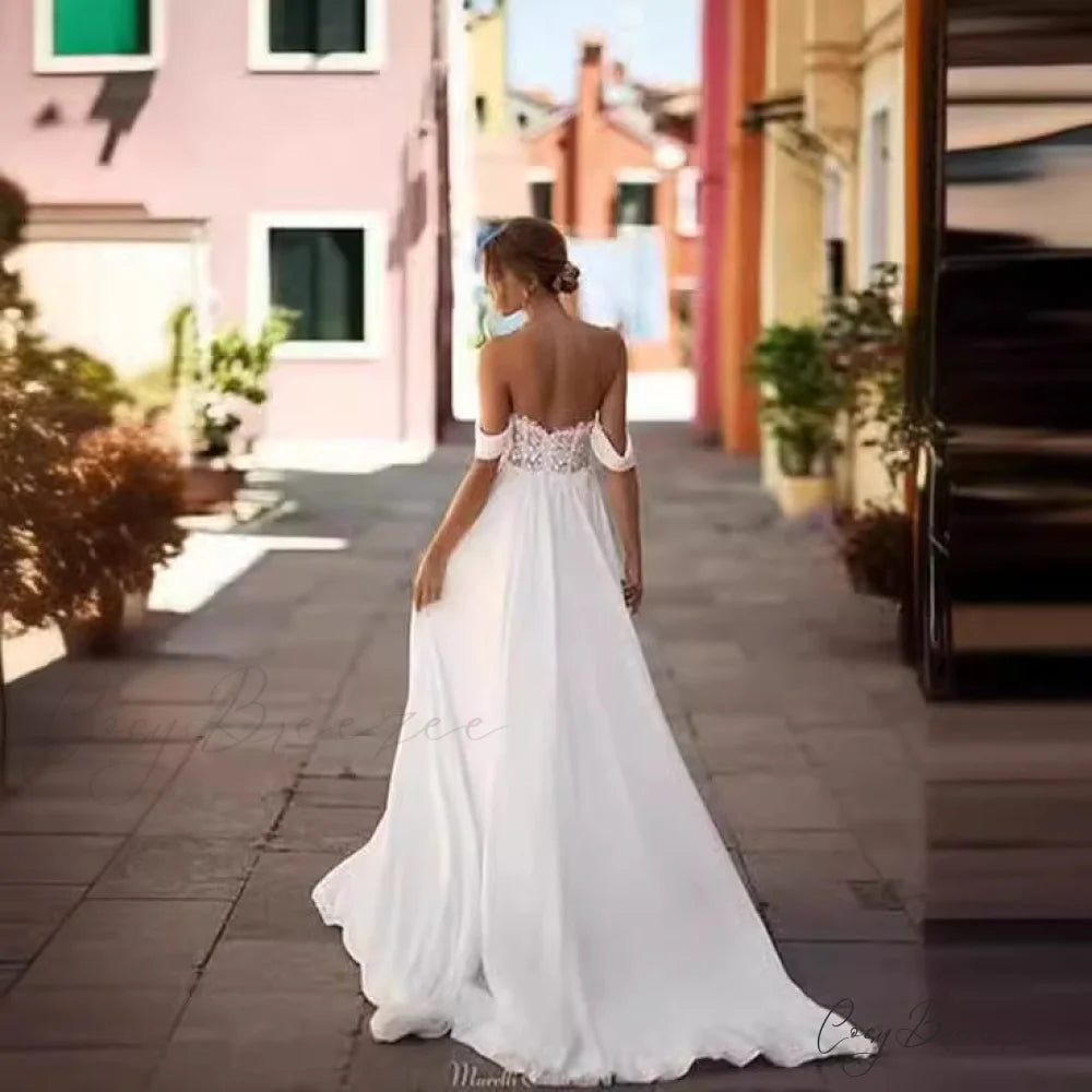 Bare-Shoulder High Slit Lengthy Train Bridal Gown lvory white / 2 weddingdress-250223