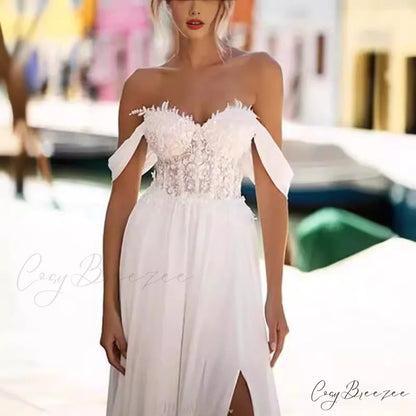 Bare-Shoulder High Slit Lengthy Train Bridal Gown weddingdress-250223