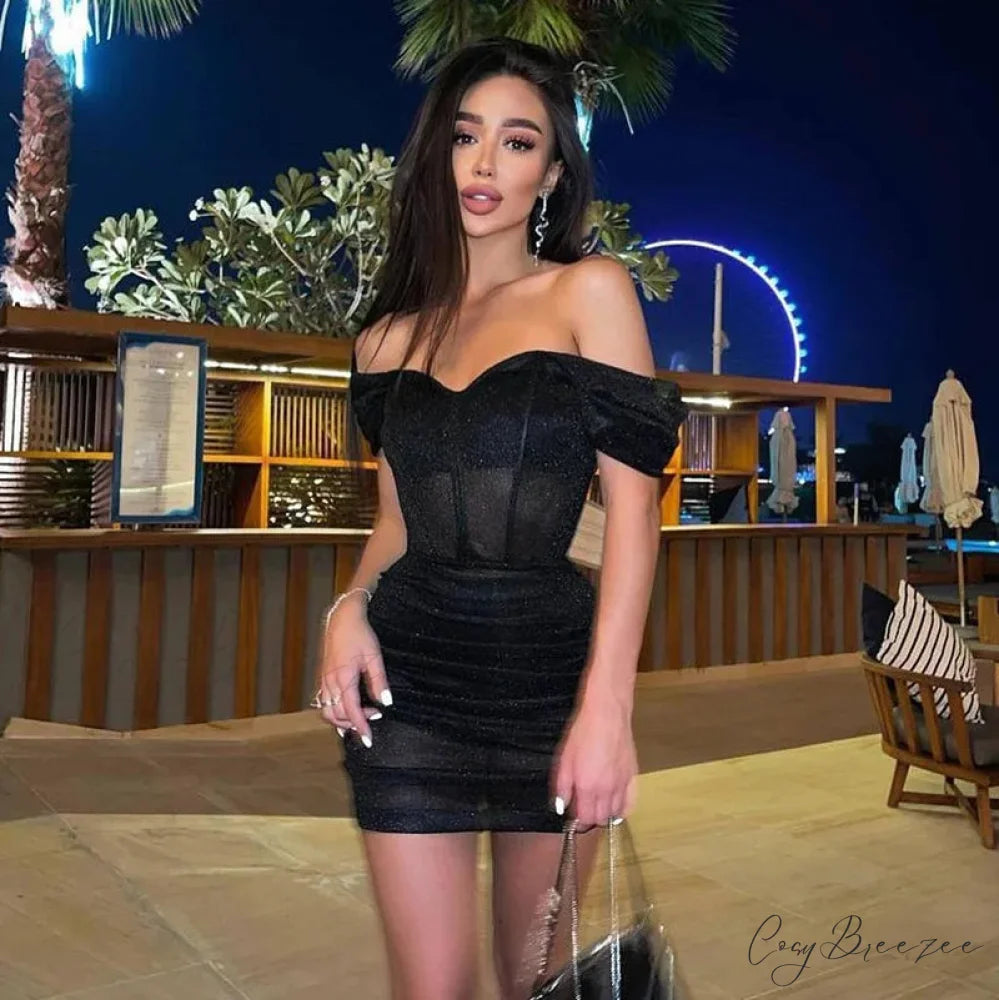 Bare-Shoulder Pleated Mini Gown Black / S minidress-250223