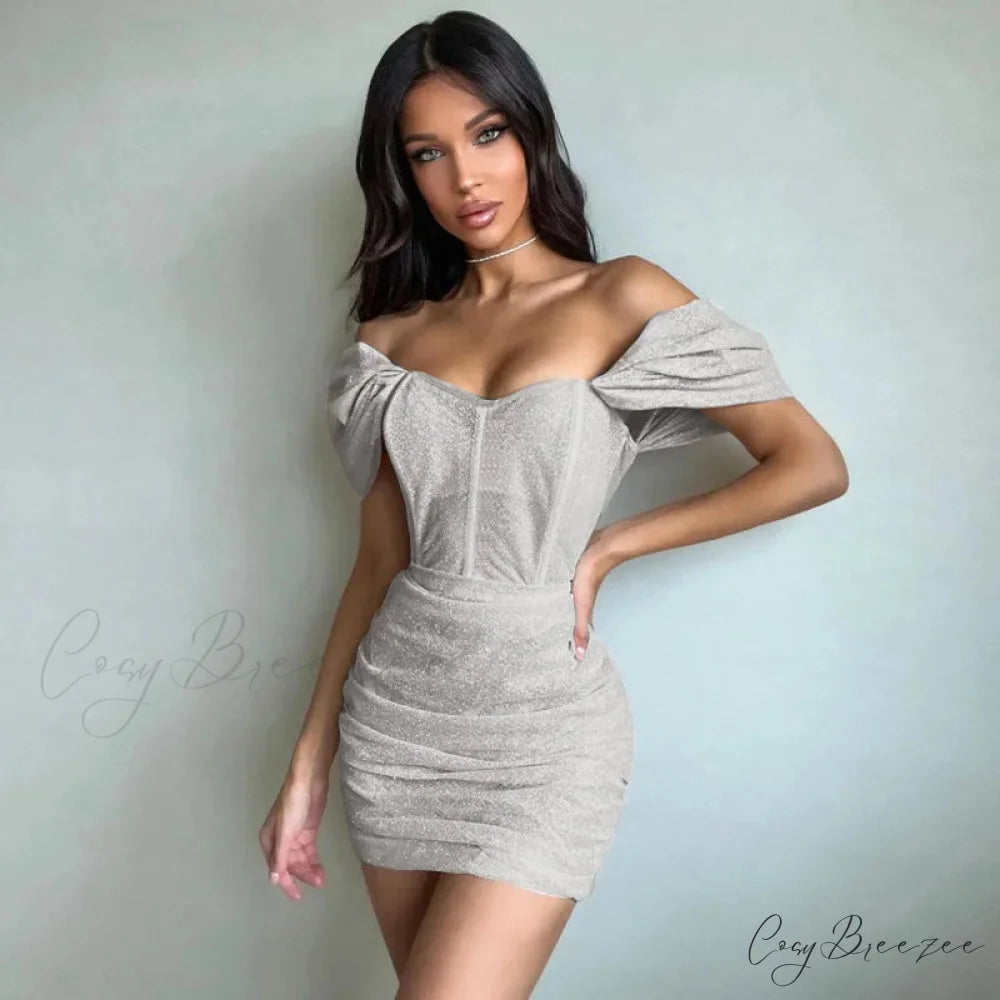 Bare-Shoulder Pleated Mini Gown minidress-250223