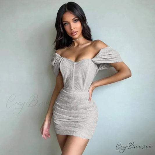 Bare-Shoulder Pleated Mini Gown minidress-250223