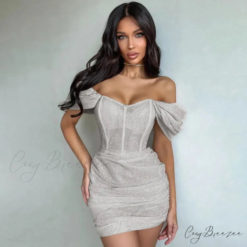 Bare-Shoulder Pleated Mini Gown Silver / S minidress-250223
