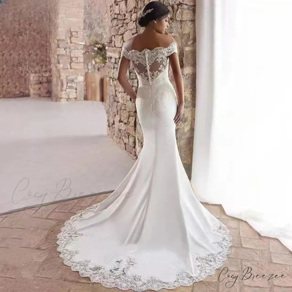 Bare-Shoulder Satin Lace Fishtail Bridal Dress lvory white / 2 weddingdress-250223