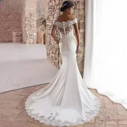 Bare-Shoulder Satin Lace Fishtail Bridal Dress lvory white / 2 weddingdress-250223