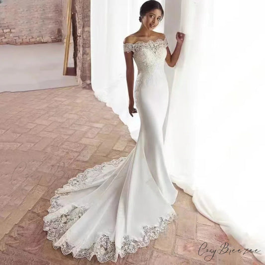 Bare-Shoulder Satin Lace Fishtail Bridal Dress weddingdress-250223