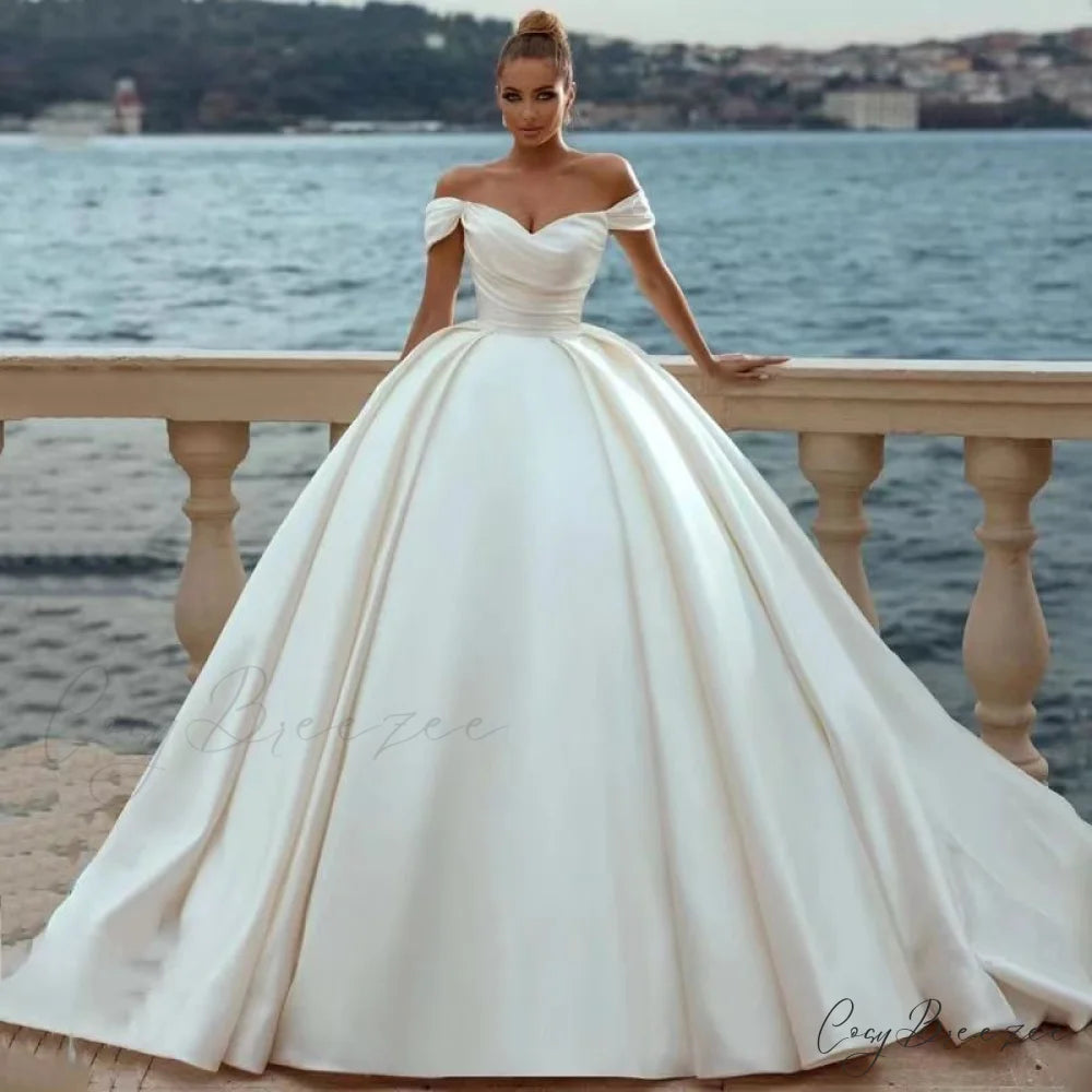 Bare-Shoulder Satin Lengthy Train Bridal Dress lvory white / 2 weddingdress-250223