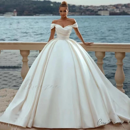 Bare-Shoulder Satin Lengthy Train Bridal Dress lvory white / 2 weddingdress-250223