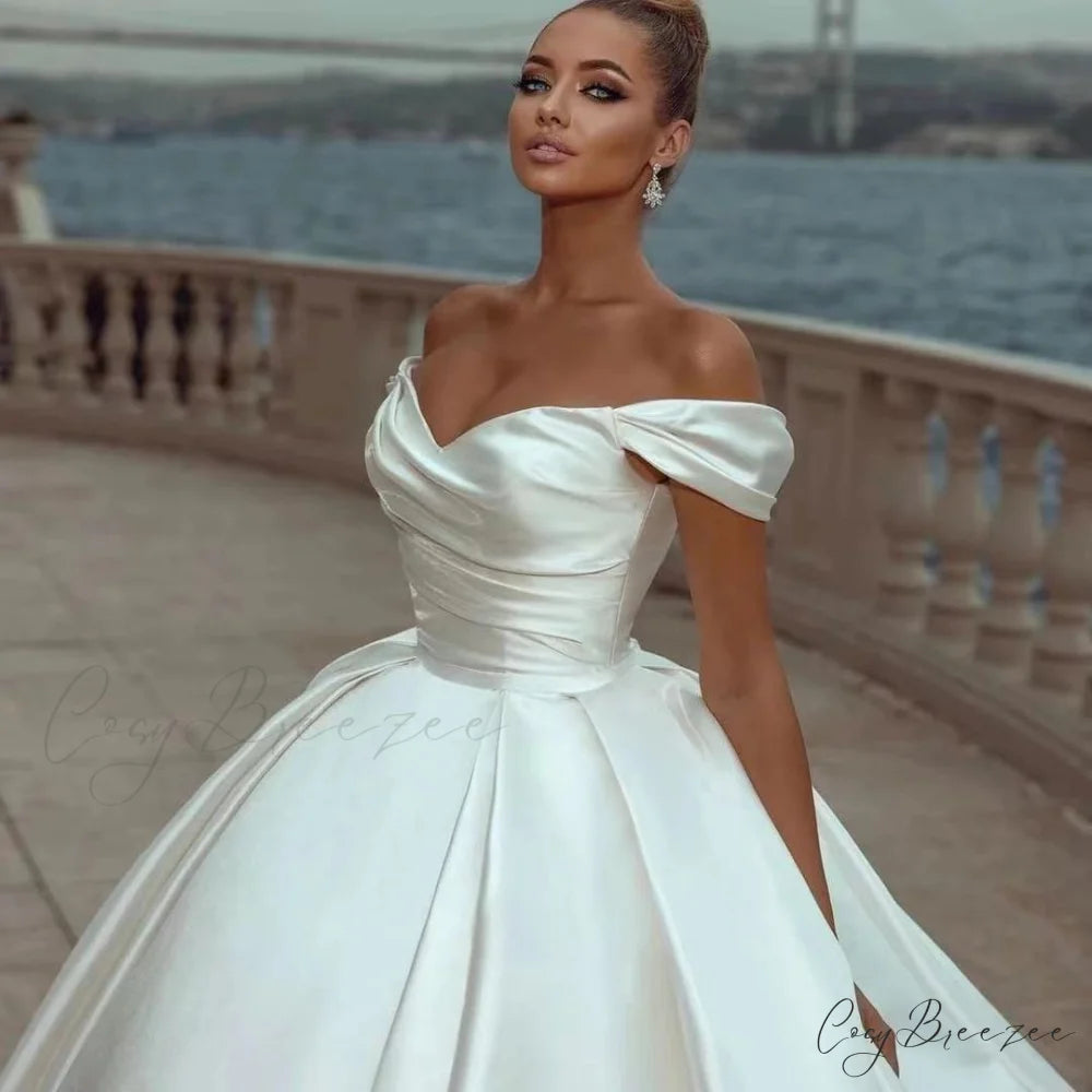 Bare-Shoulder Satin Lengthy Train Bridal Dress weddingdress-250223