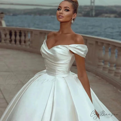 Bare-Shoulder Satin Lengthy Train Bridal Dress weddingdress-250223