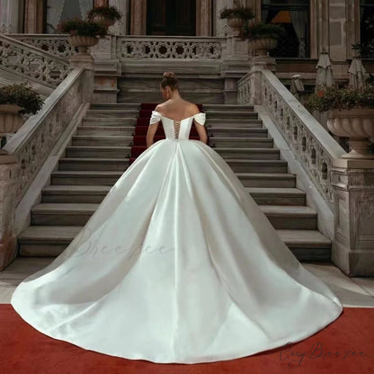 Bare-Shoulder Satin Lengthy Train Bridal Dress white / 2 weddingdress-250223