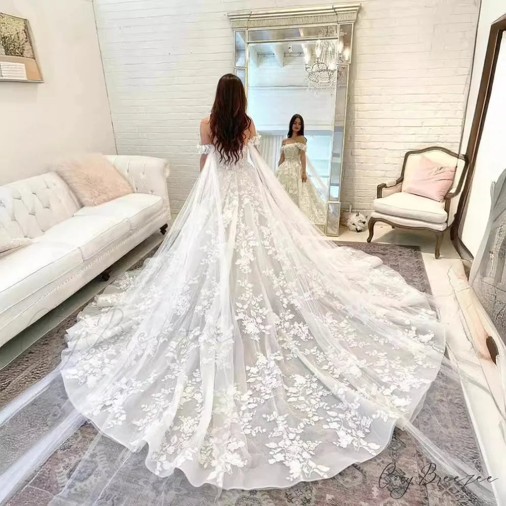 Bare-Shoulder Satin Lengthy Train Bridal Gown lvory white / 2 weddingdress-250223