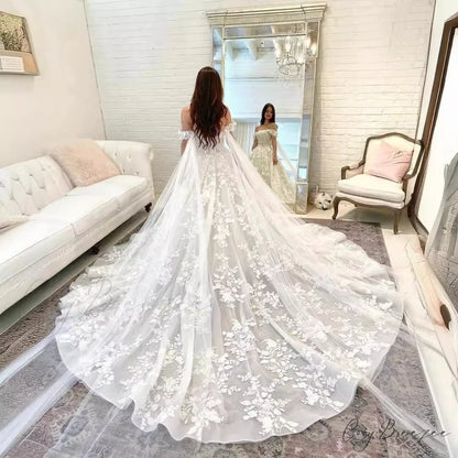 Bare-Shoulder Satin Lengthy Train Bridal Gown lvory white / 2 weddingdress-250223