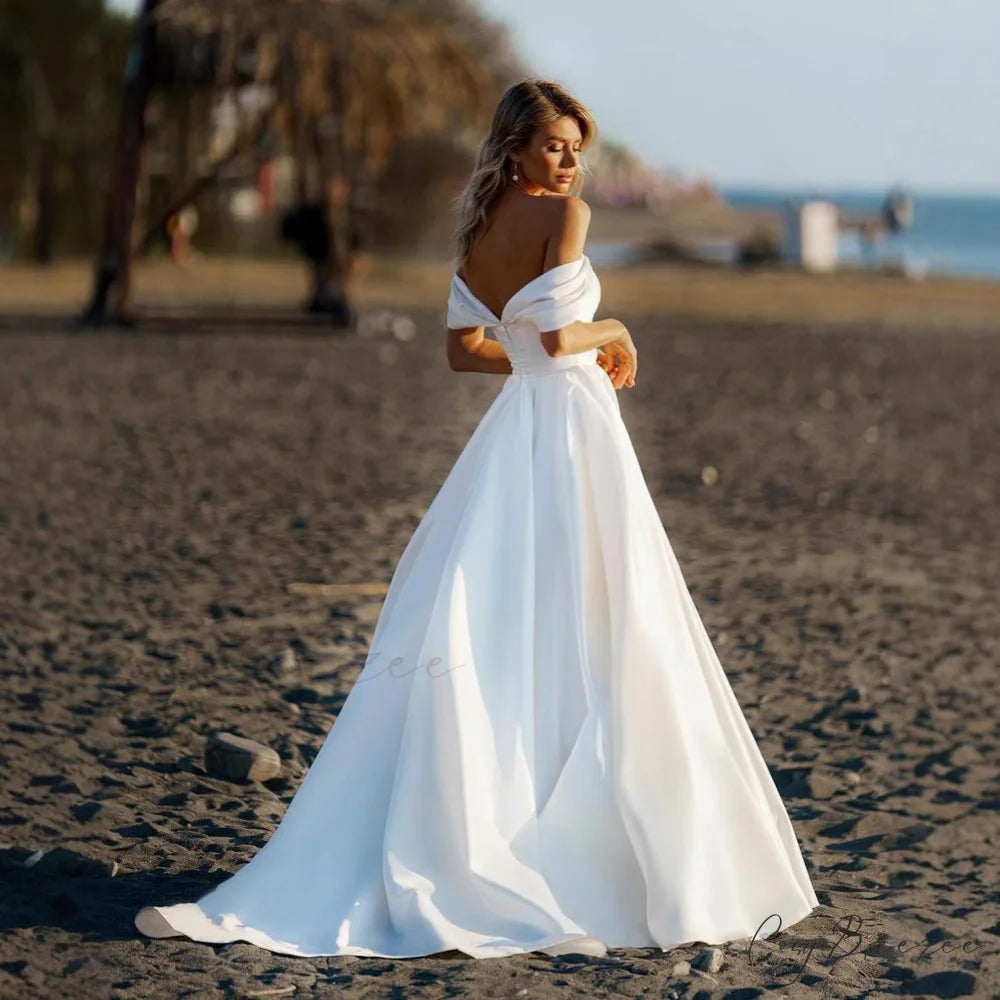 Bare-Shoulder Satin Transparent Bridal Dress lvory white / 2 weddingdress-250223
