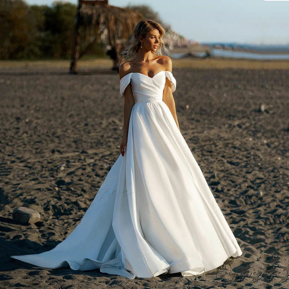 Bare-Shoulder Satin Transparent Bridal Dress white / 2 weddingdress-250223