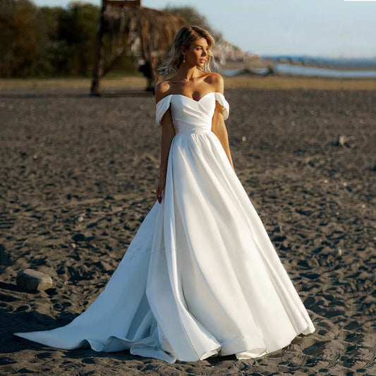 Bare-Shoulder Satin Transparent Bridal Dress white / 2 weddingdress-250223