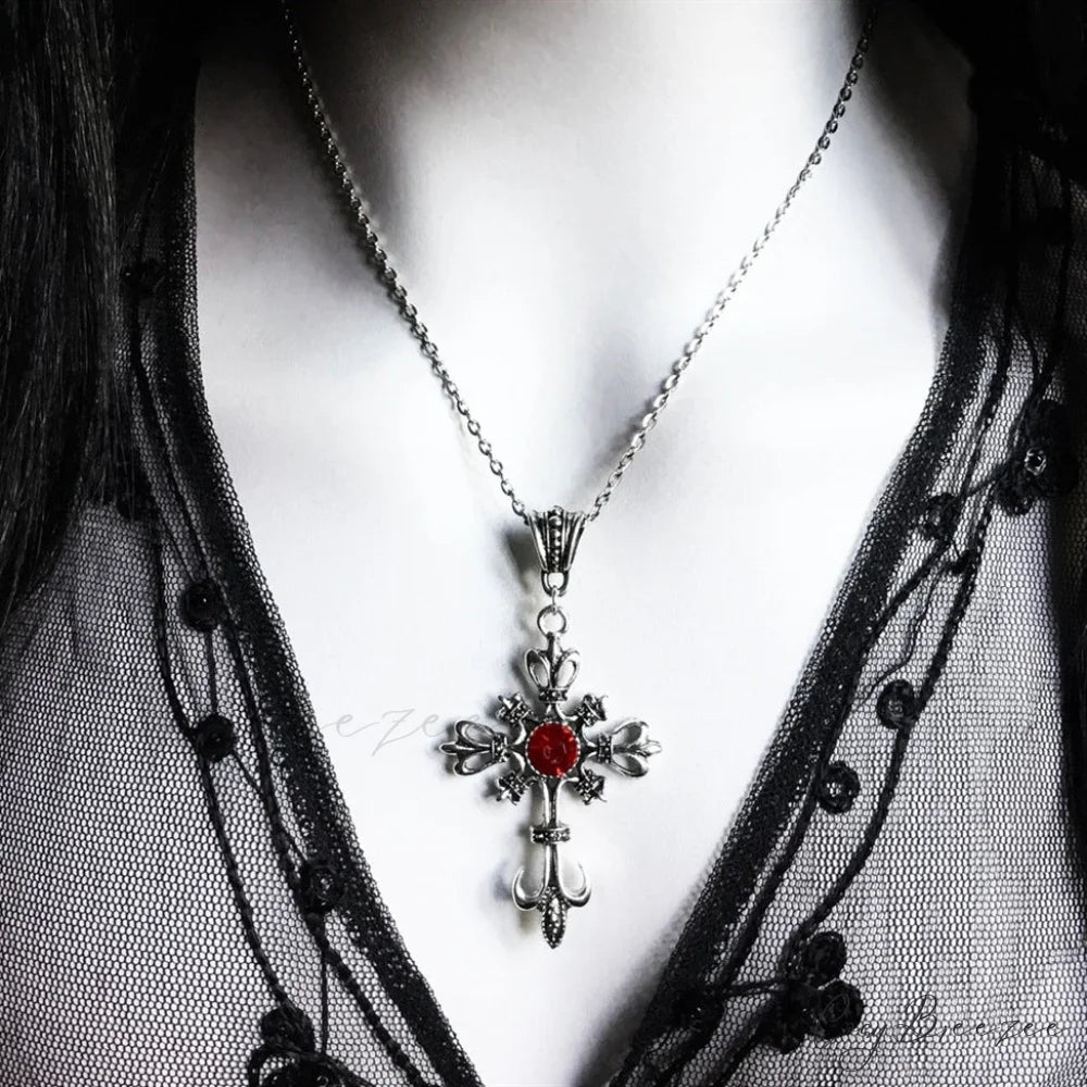 Baroque Gothic Large Silver Cross Pendant Wholesale Necklace BLACK