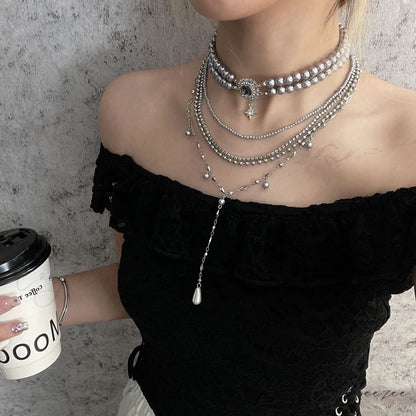 Baroque Pearl Cross Layered Choker Necklace SILVER