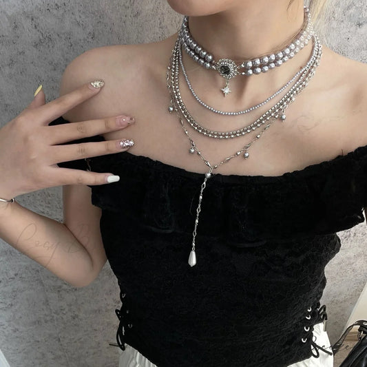 Baroque Pearl Cross Layered Choker Necklace SILVER