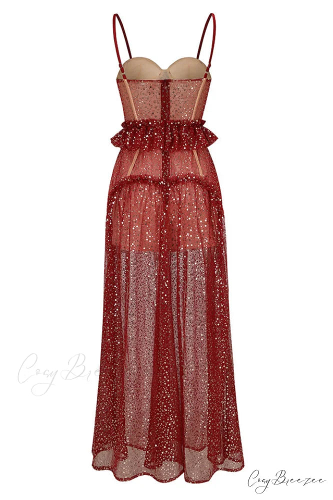 Barrett Sequined Mesh Charming & Lace Maxi Dress
