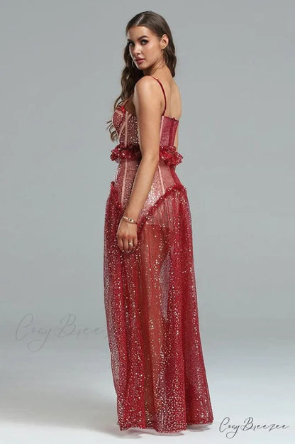 Barrett Sequined Mesh Charming & Lace Maxi Dress
