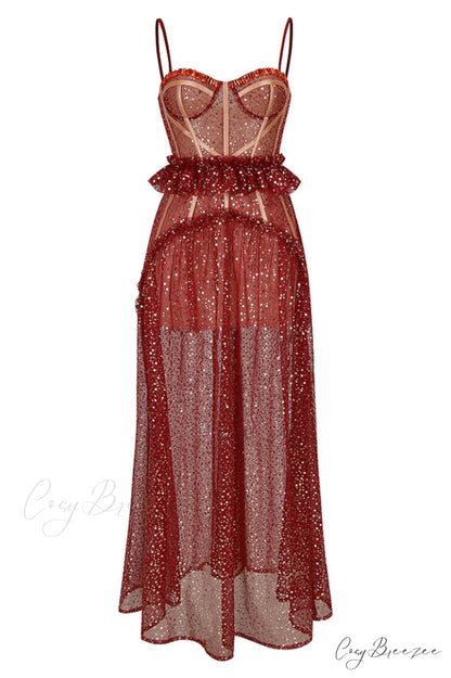 Barrett Sequined Mesh Charming & Lace Maxi Dress XS / Red