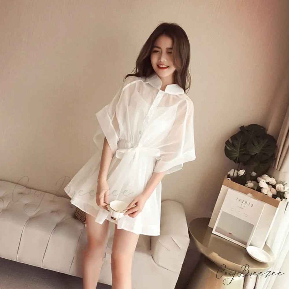 Base Belt Gown Cotton Mini Arm Single-breasted + Set Korean T-shirt Organza Warm-Season Stand Dresses Brief Two-piece