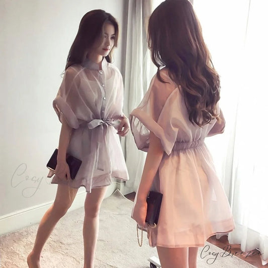 Base Belt Gown Cotton Mini Arm Single-breasted + Set Korean T-shirt Organza Warm-Season Stand Dresses Brief Two-piece