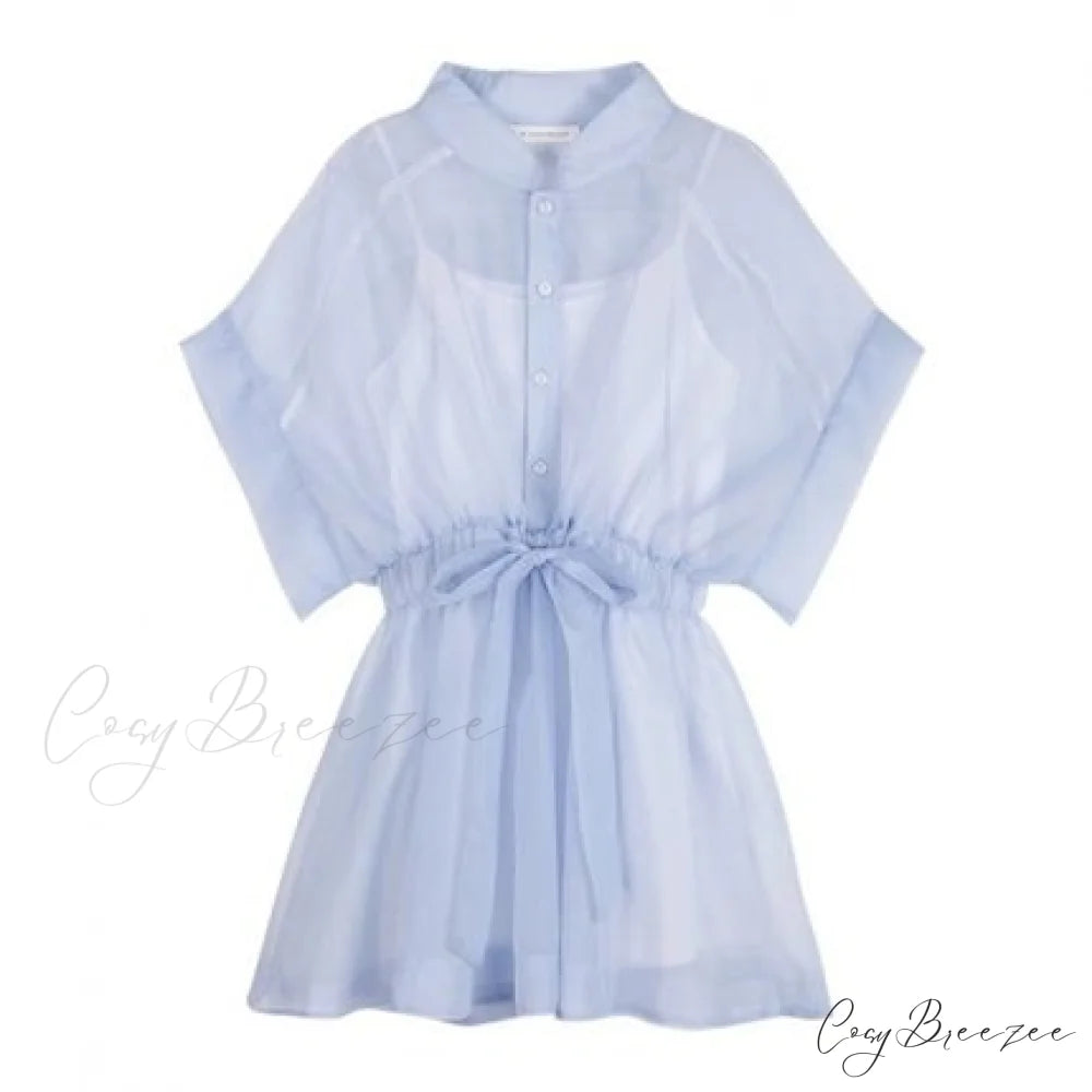 Base Belt Gown Cotton Mini Arm Single-breasted + Set Korean T-shirt Organza Warm-Season Stand Dresses Brief Two-piece