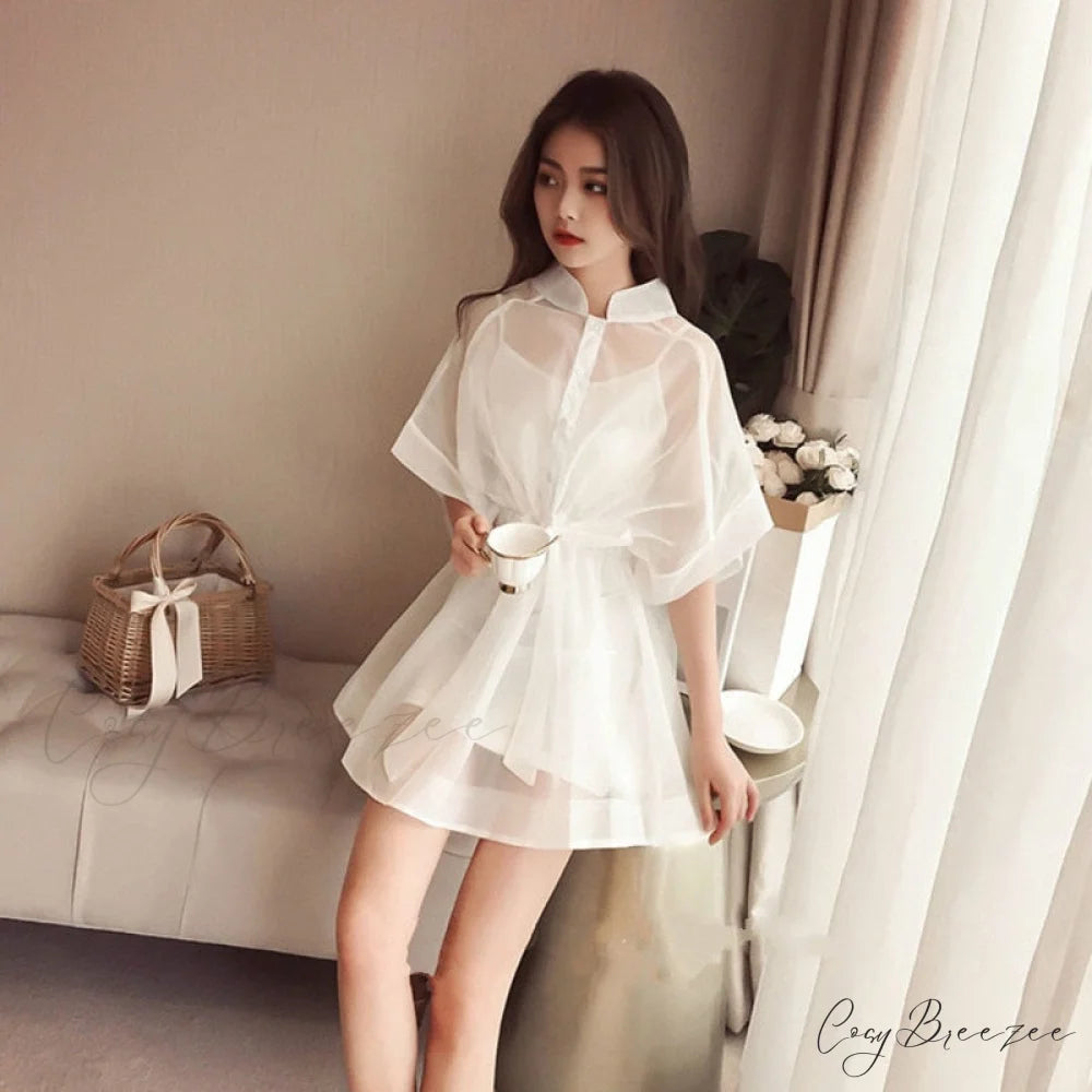 Base Belt Gown Cotton Mini Arm Single-breasted + Set Korean T-shirt Organza Warm-Season Stand Dresses Brief Two-piece