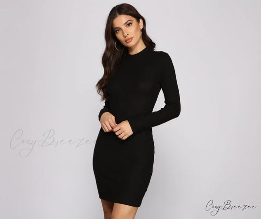 Basic Babe Ribbed Charming Knit Mini Dress BLACK / S