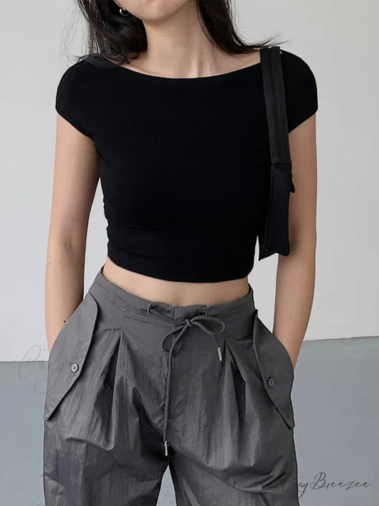 Basic Cap Graceful Sleeve Crop Shirt Black / XS