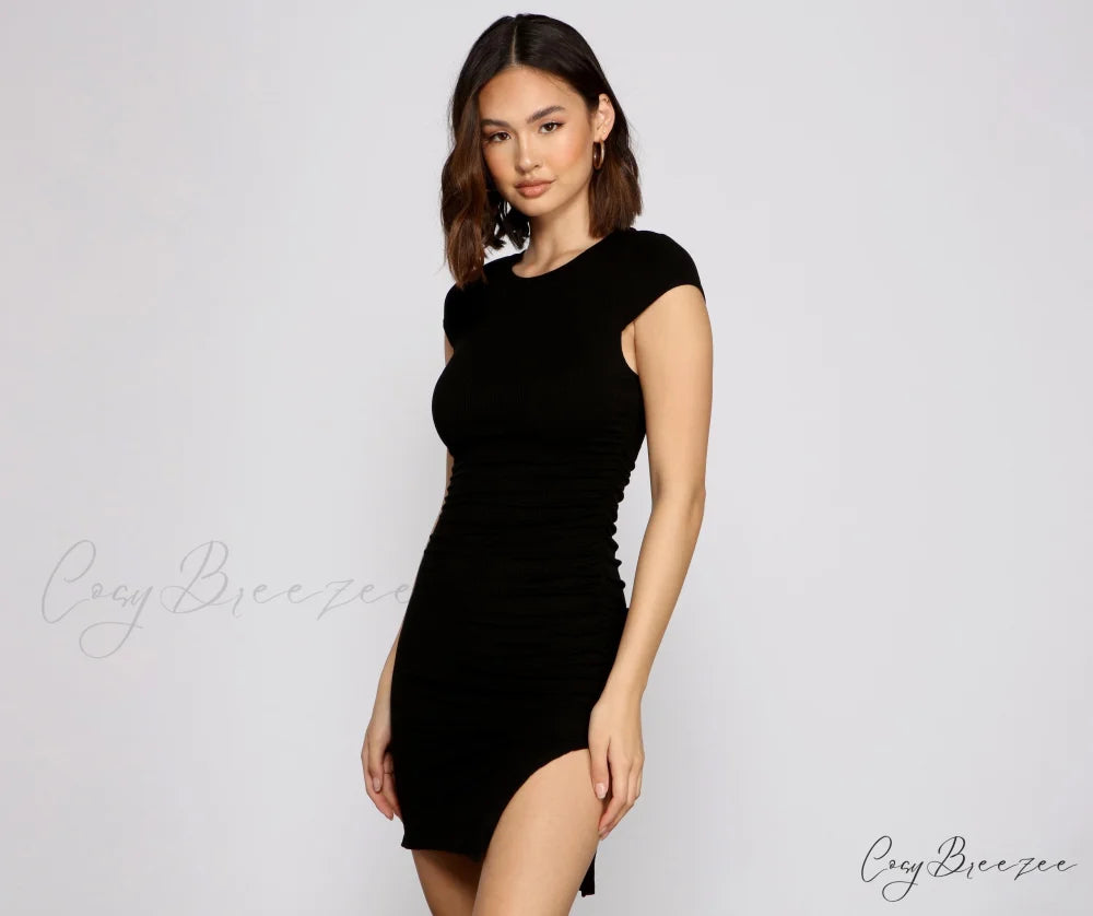 Basic Chic Stylish Ribbed Knit Dress BLACK / XS