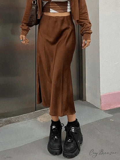 Basic Long Graceful Sleeve Button Blouse Brown / S