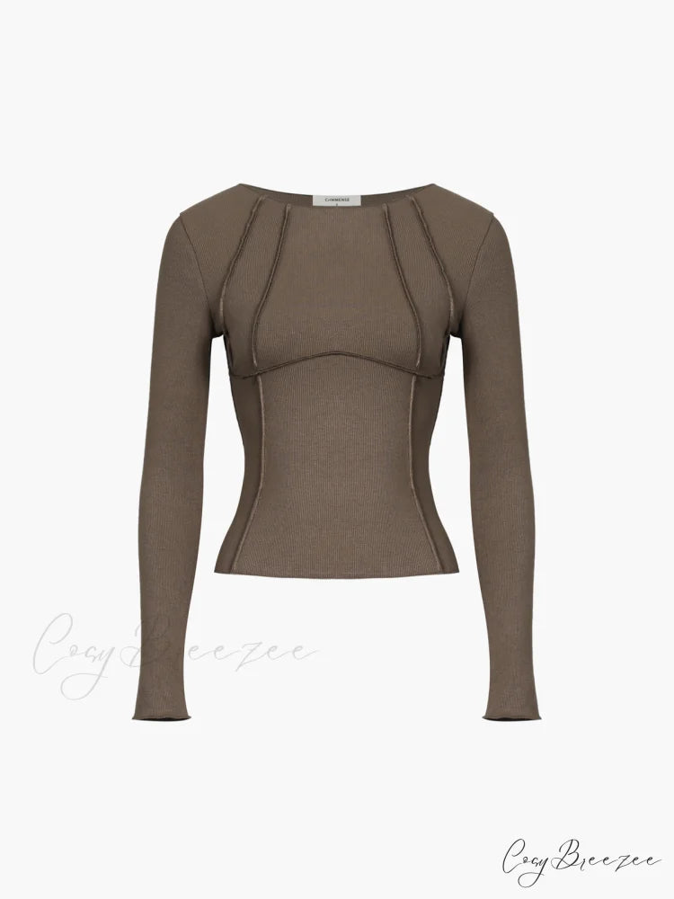 Basic Piping Graceful Long Sleeve Top Brown / XS