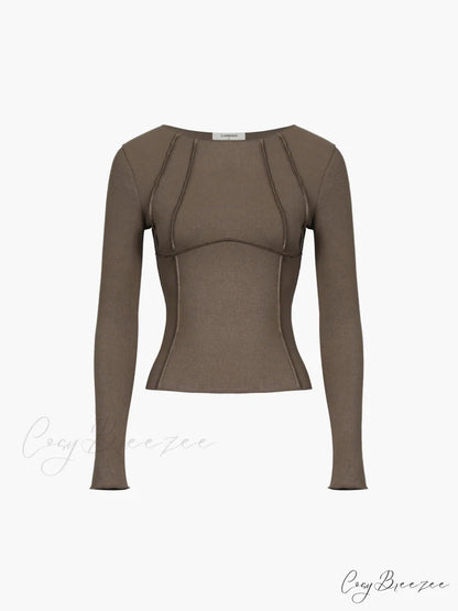 Basic Piping Graceful Long Sleeve Top Brown / XS