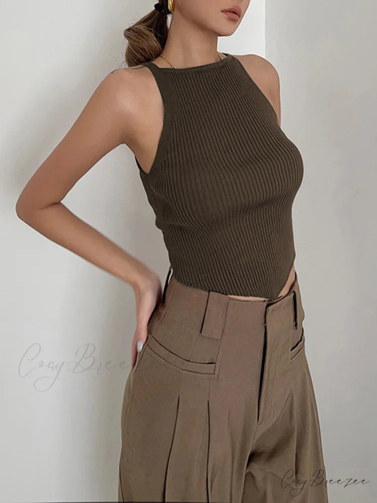 Basic Ribbed Graceful Sweater Vest Light Brown / S