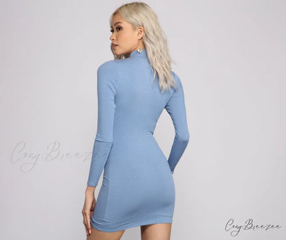 Basic Ribbed Knit Charming Long Sleeve Mini Dress