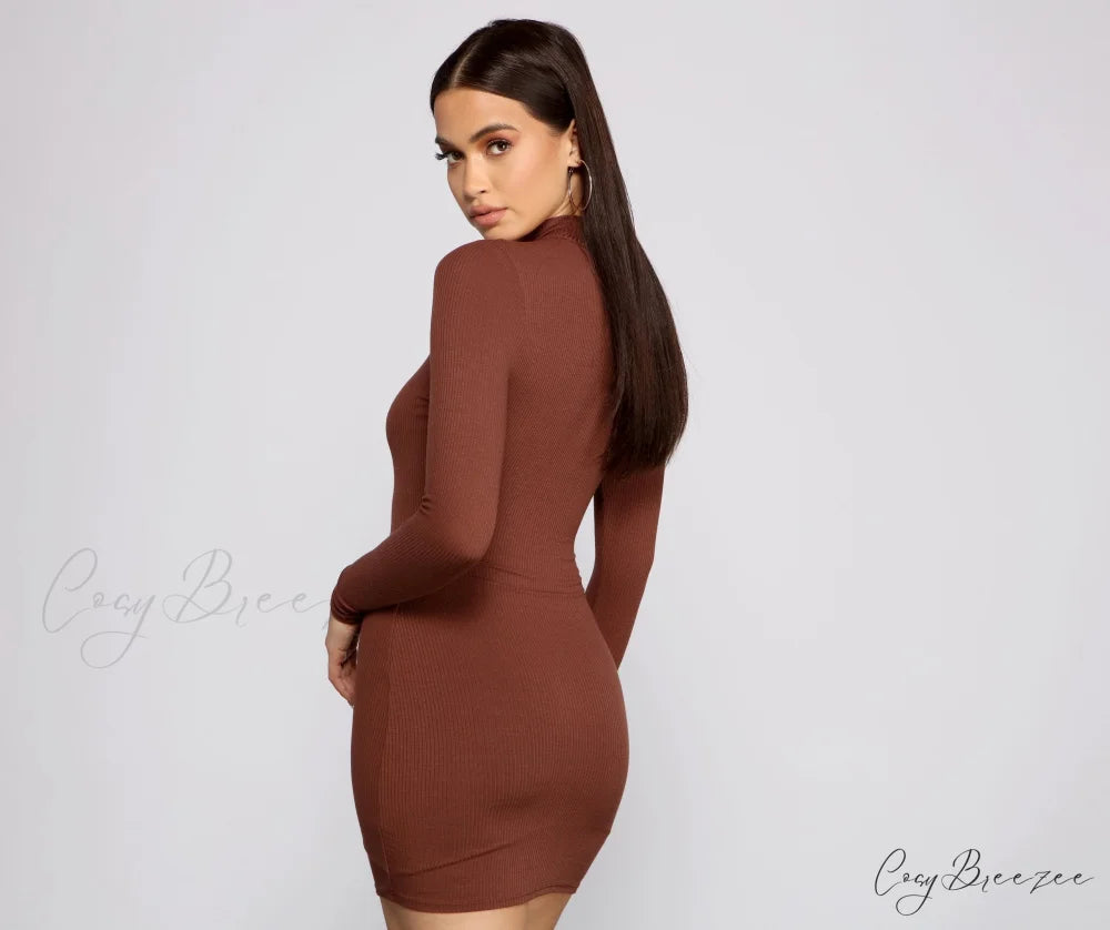 Basic Ribbed Knit Charming Long Sleeve Mini Dress