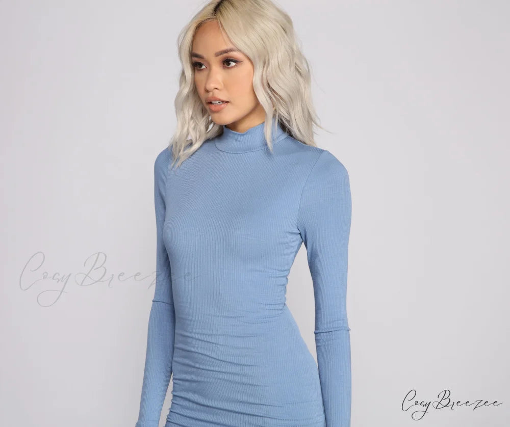 Basic Ribbed Knit Charming Long Sleeve Mini Dress